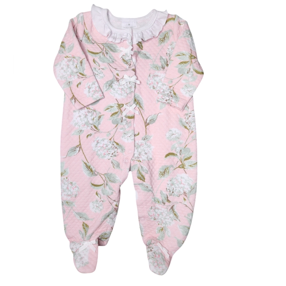 Laura Ashley Pink Floral Quilted Baby Sleeper 3 to 6 Months Bows Ruffled Dainty